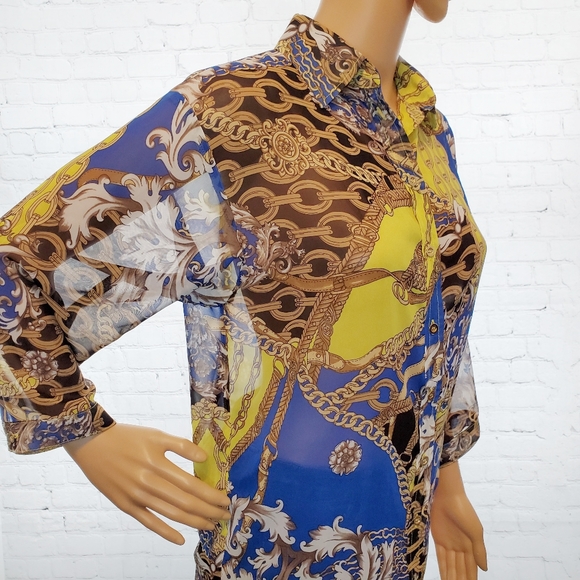 Joseph Ribkoff Chain Fleur-de-lis Sheer Blouse - Picture 4 of 8